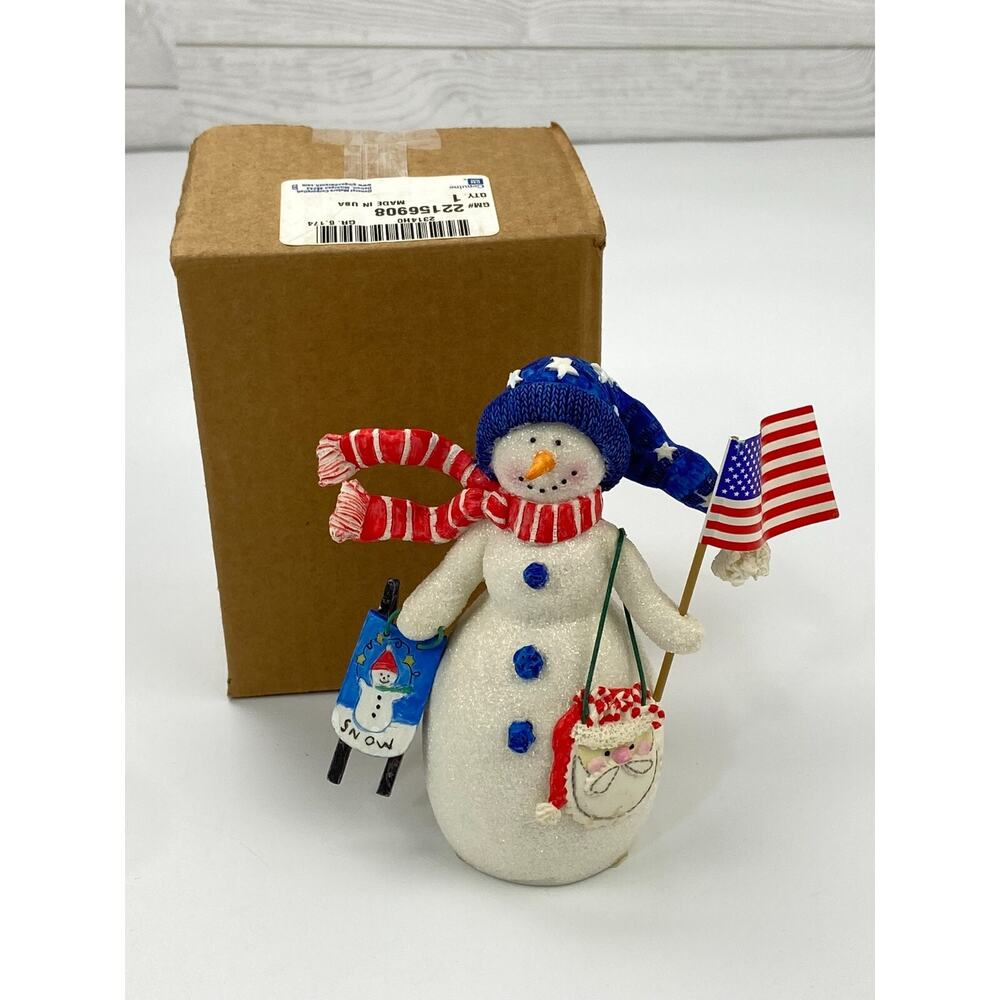 Vintage Hallmark Patriotic Snowman Figurine w/Flag, Santa Bag & Sled 5.5" RARE!
